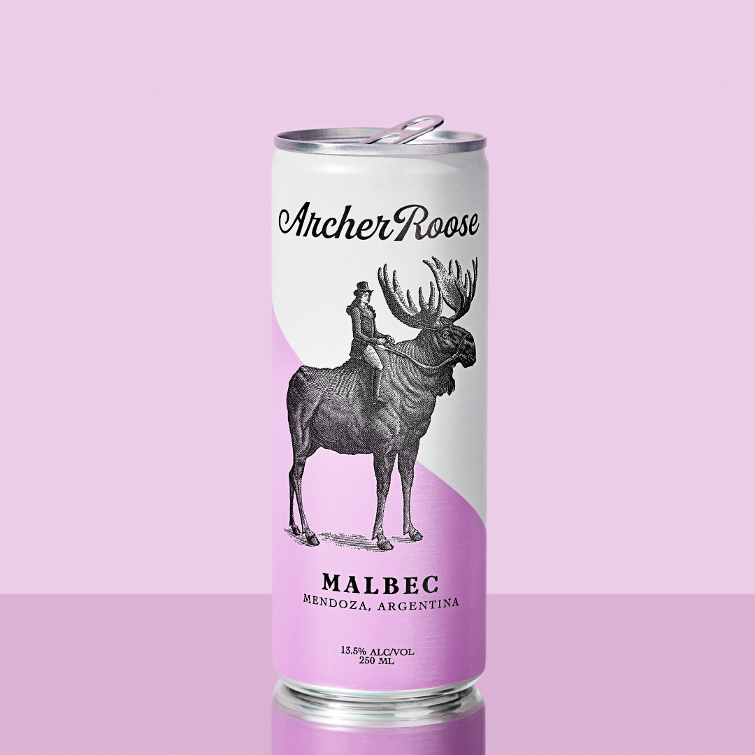 Archer Roose Malbec Wine in a Can on a reflective surface | Archer Roose Wines | Wine in a Can | Canned Wine | Luxury Wine. In Cans | Malbec